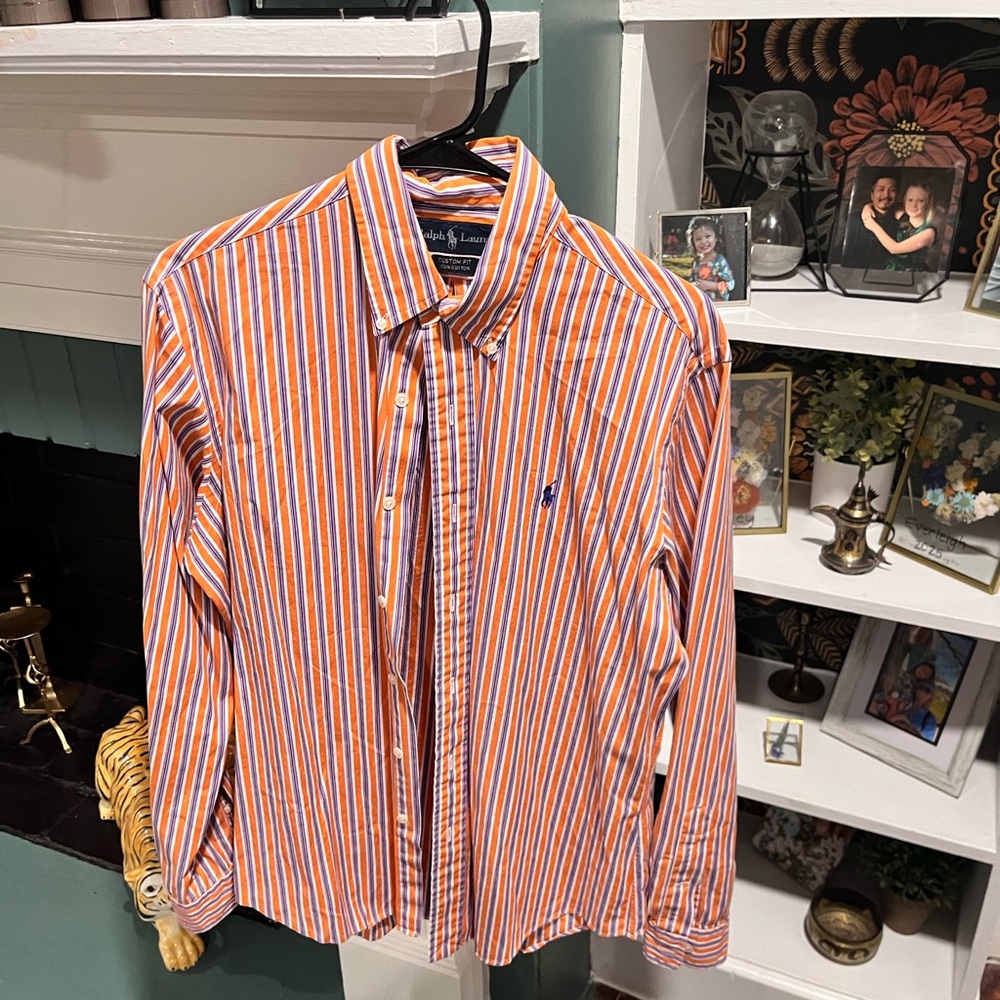 Ralph Lauren Men's Orange and White Striped Shirt